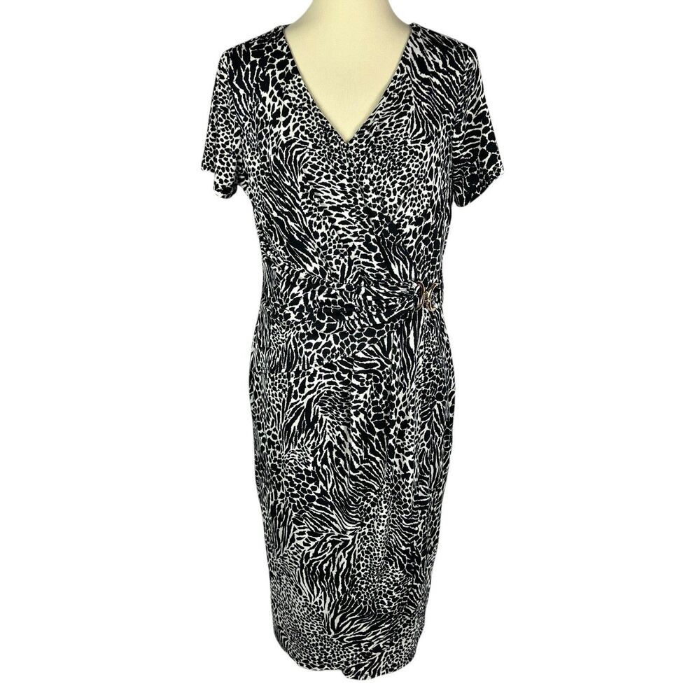 Thalia Sodi Black White Animal Print Faux Wrap Short Sleeve Sheath Dress Large